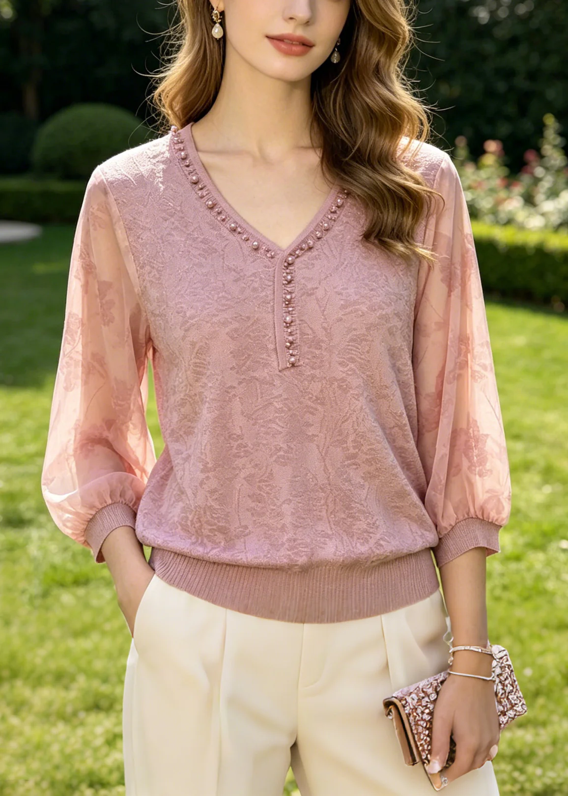 Natural Pink Jacquard Nail Bead Cotton Shirt Top Summer - Image 3