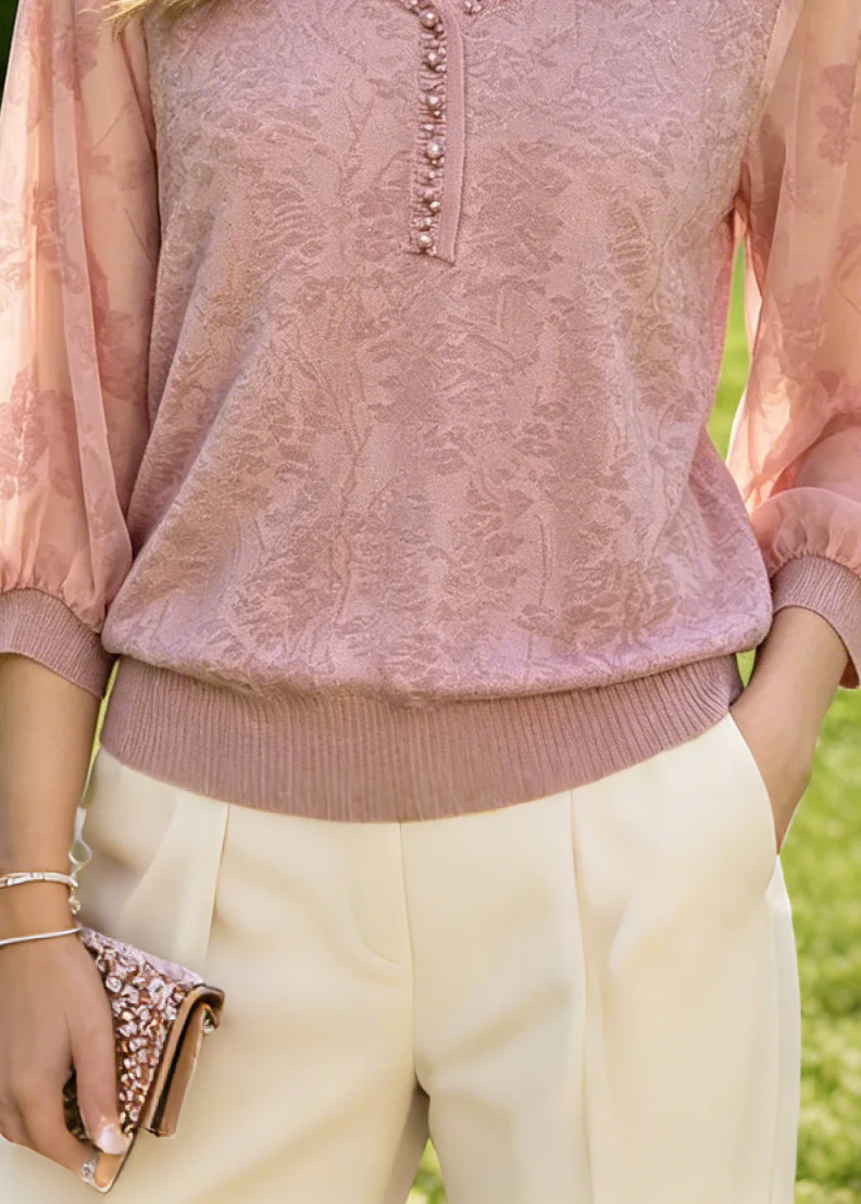 Natural Pink Jacquard Nail Bead Cotton Shirt Top Summer - Image 4