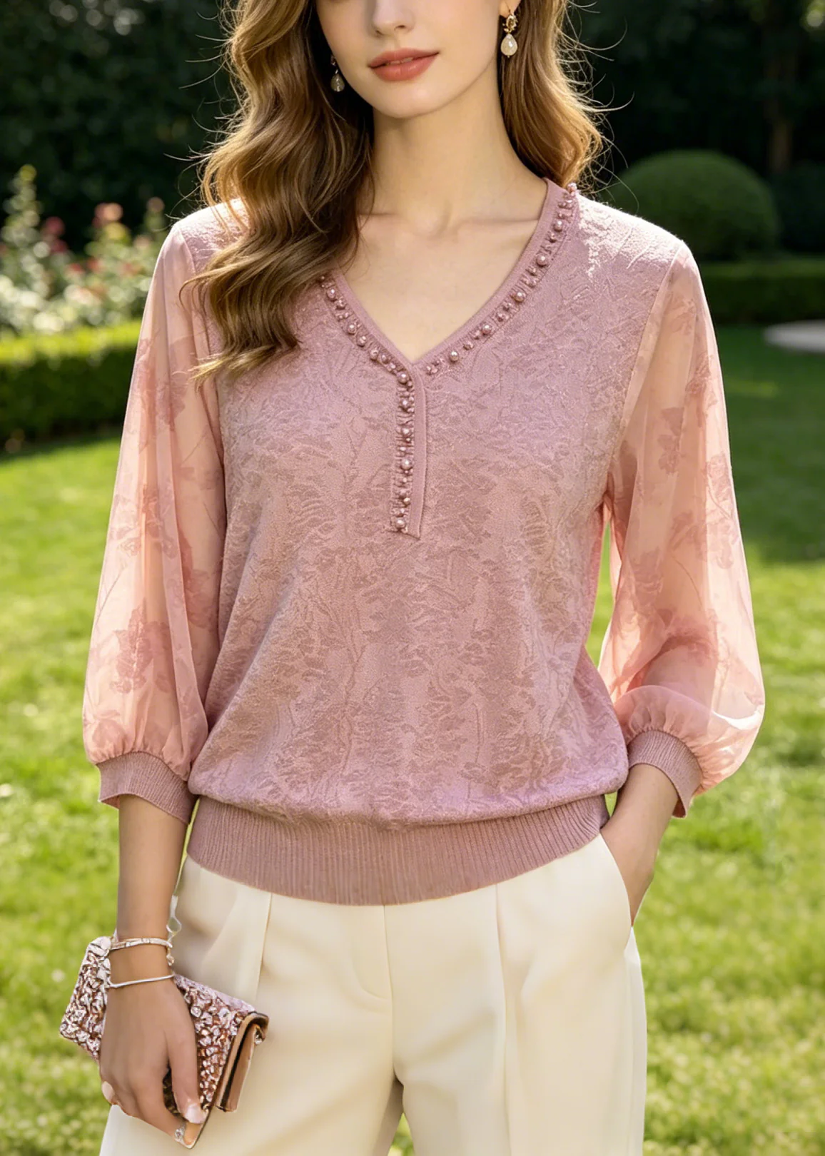 Natural Pink Jacquard Nail Bead Cotton Shirt Top Summer - Image 5