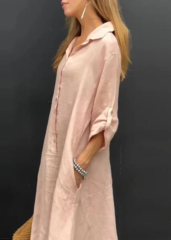 Natural Pink Peter Pan Collar Patchwork Long Dress Fall - Image 4