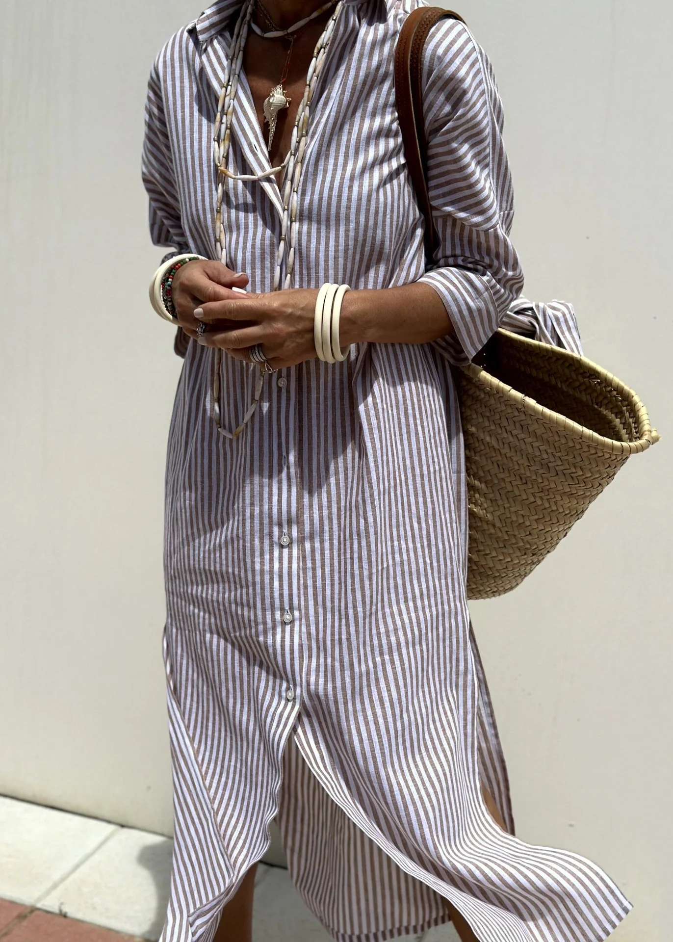Natural Pink Peter Pan Collar Striped Side Open Button Maxi Dresses Fall - Image 2