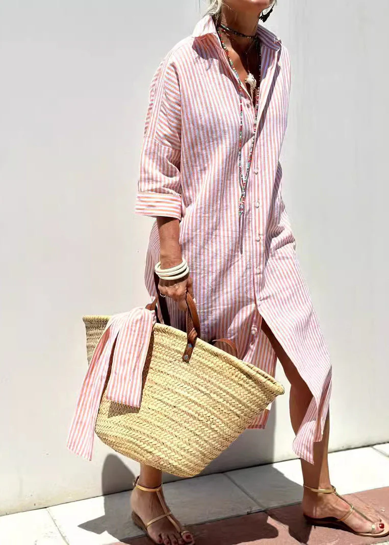 Natural Pink Peter Pan Collar Striped Side Open Button Maxi Dresses Fall - Image 4