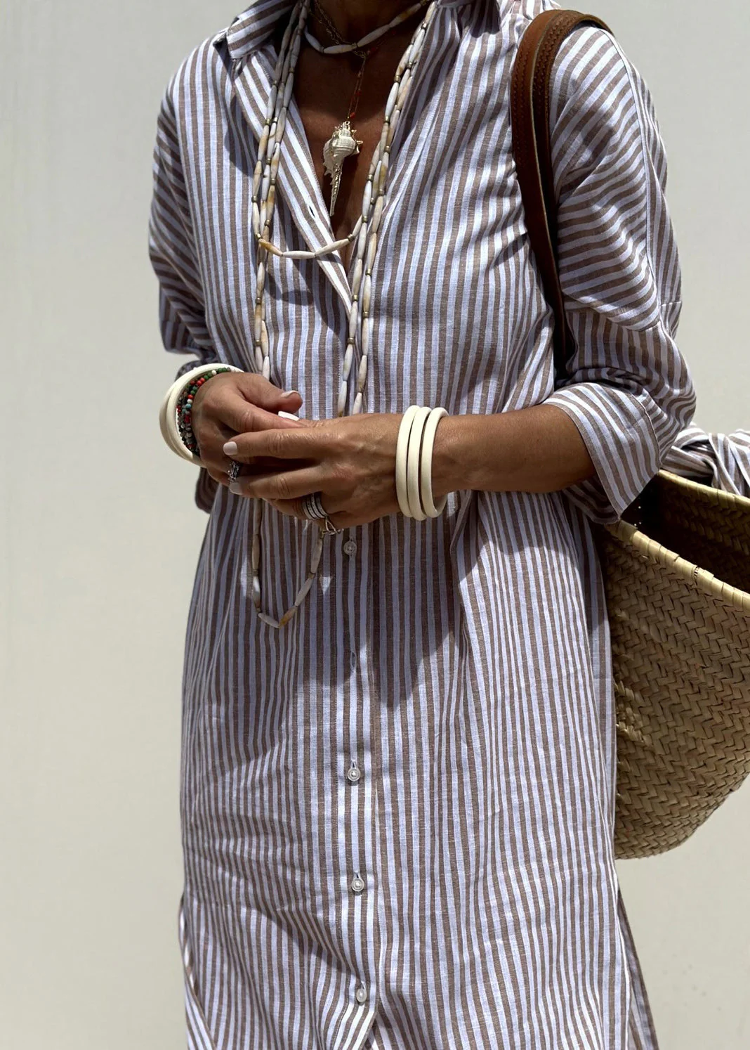 Natural Pink Peter Pan Collar Striped Side Open Button Maxi Dresses Fall - Image 5