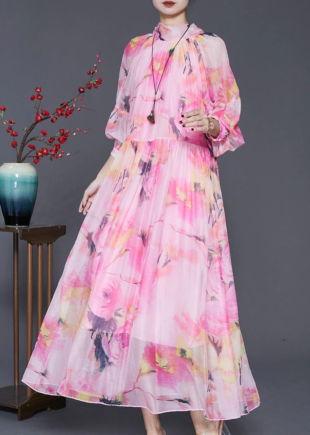 Natural Pink Print Exra Large Hem Chiffon Vacation Dress Spring - Image 2