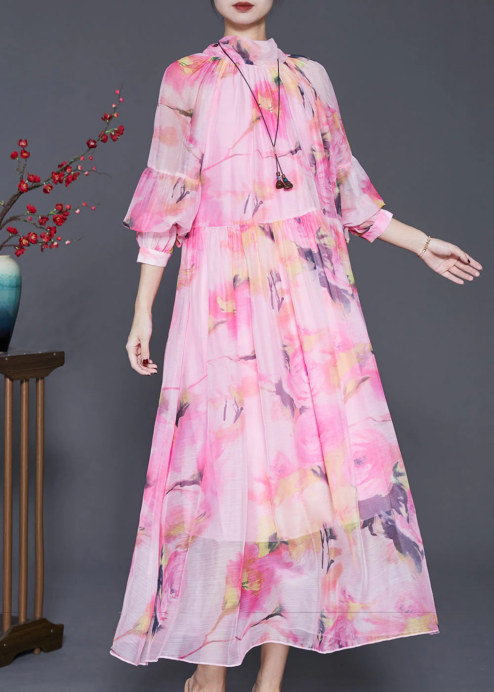 Natural Pink Print Exra Large Hem Chiffon Vacation Dress Spring - Image 3
