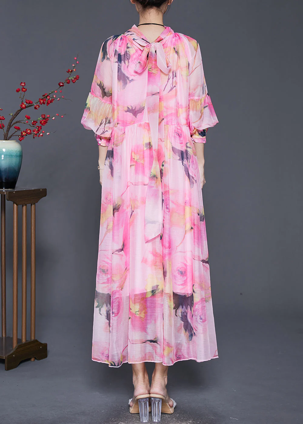 Natural Pink Print Exra Large Hem Chiffon Vacation Dress Spring - Image 4