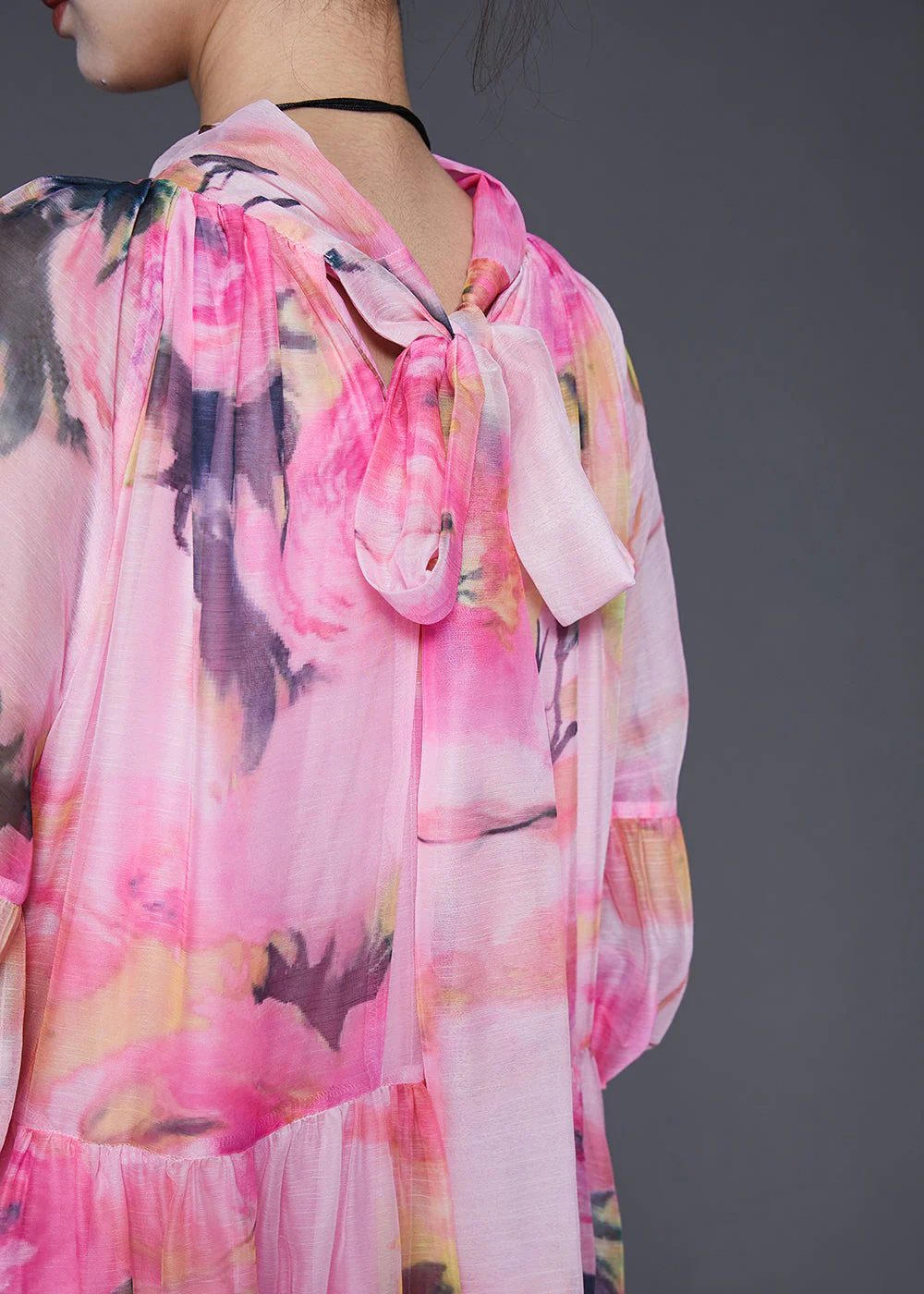 Natural Pink Print Exra Large Hem Chiffon Vacation Dress Spring - Image 5