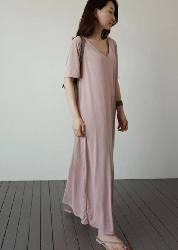 Natural Pink V Neck Cotton Long Dress Short Sleeve - Image 3