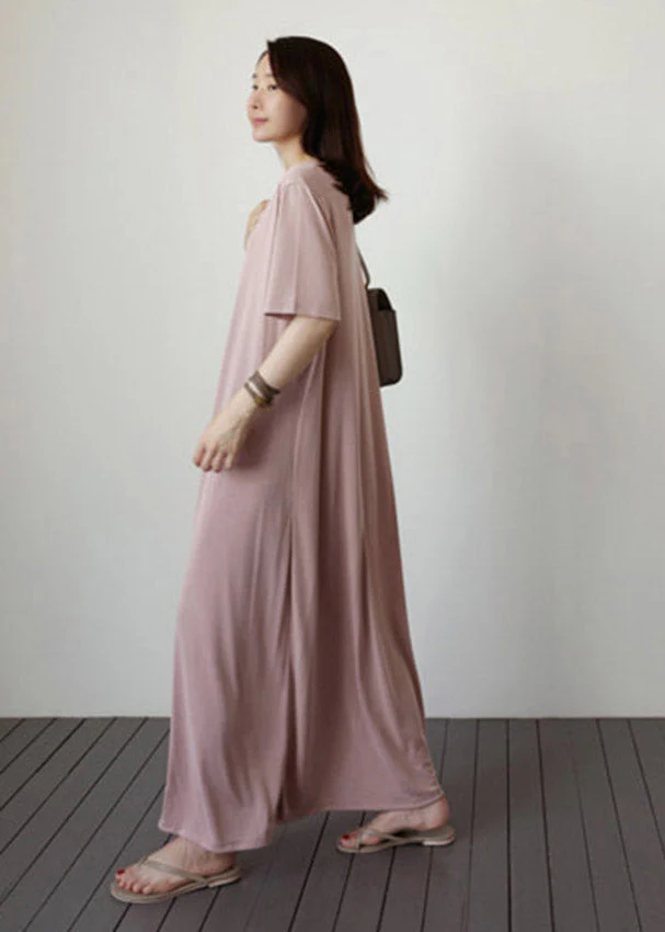 Natural Pink V Neck Cotton Long Dress Short Sleeve - Image 4