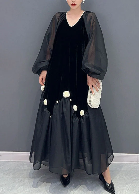 Natural Pink V Neck Tulle Patchwork Silk Velour Maxi Dress Long Sleeve - Image 2