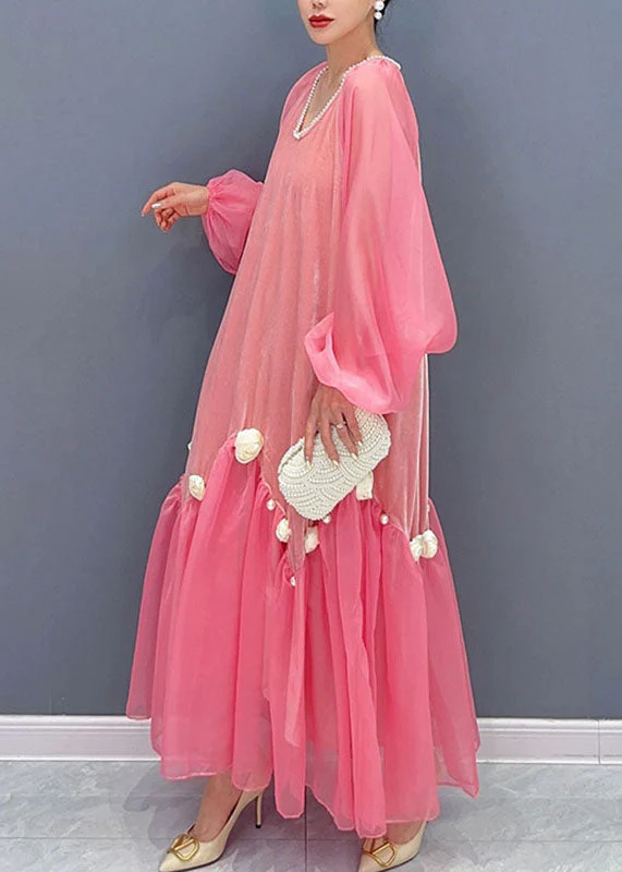 Natural Pink V Neck Tulle Patchwork Silk Velour Maxi Dress Long Sleeve - Image 3