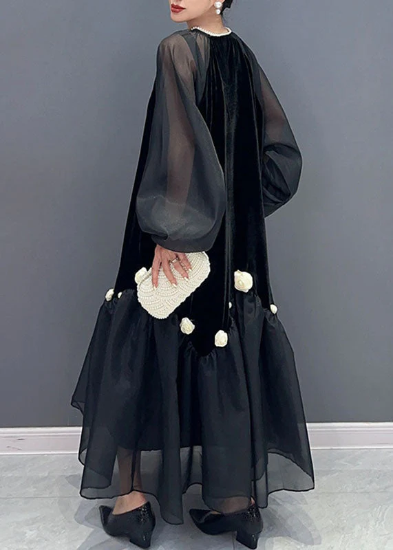 Natural Pink V Neck Tulle Patchwork Silk Velour Maxi Dress Long Sleeve - Image 4