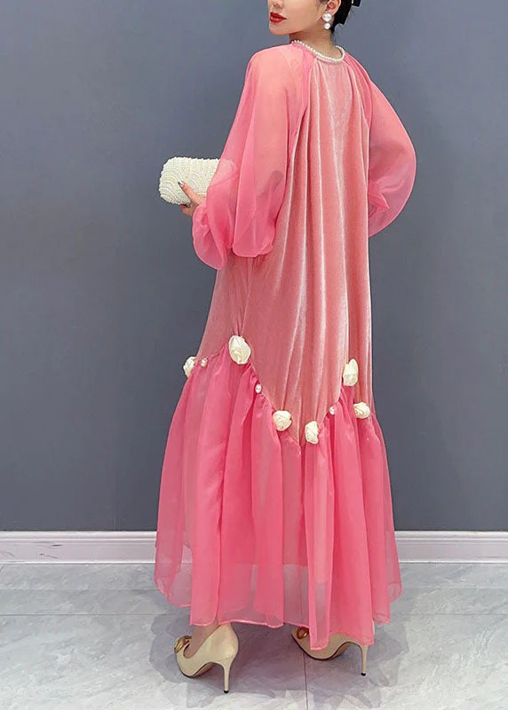 Natural Pink V Neck Tulle Patchwork Silk Velour Maxi Dress Long Sleeve - Image 5