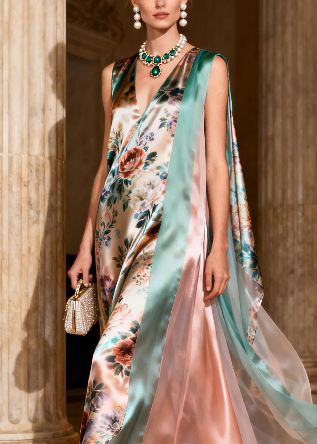 Natural Print Patchwork Silk Long Dresses Sleeveless - Image 2