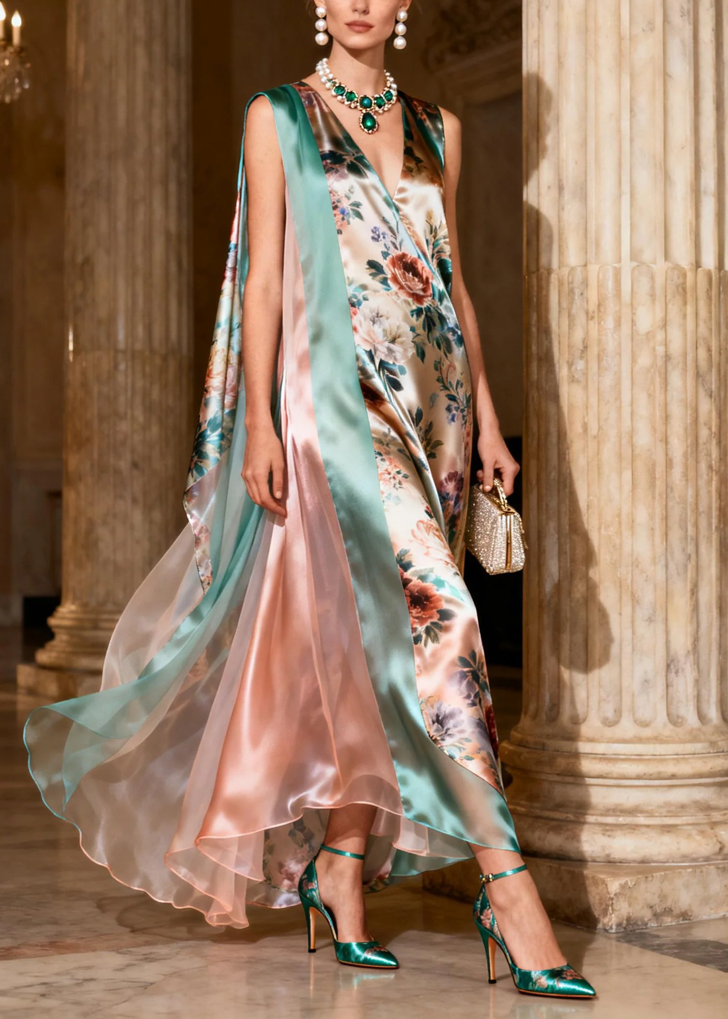 Natural Print Patchwork Silk Long Dresses Sleeveless - Image 3