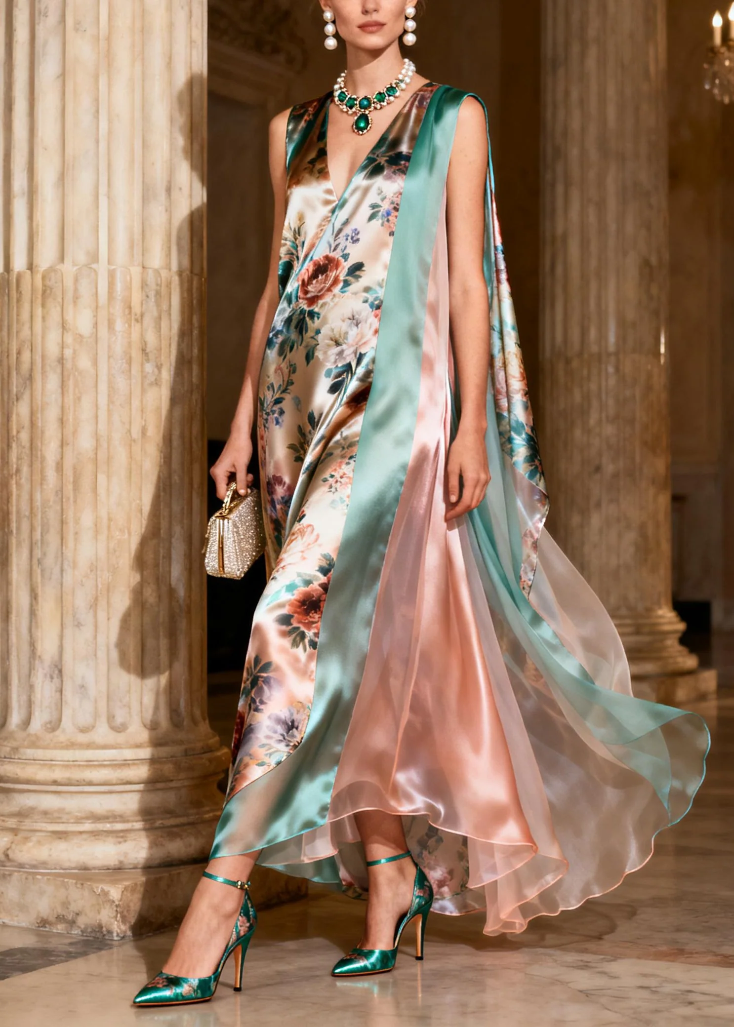 Natural Print Patchwork Silk Long Dresses Sleeveless - Image 5
