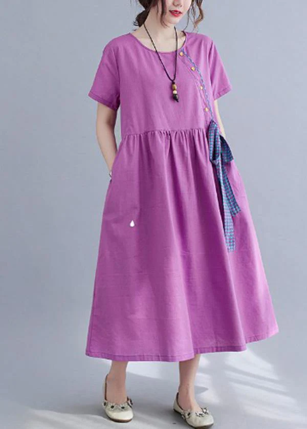 Natural Purple O-Neck Linen Summer Cotton Dress - Image 3