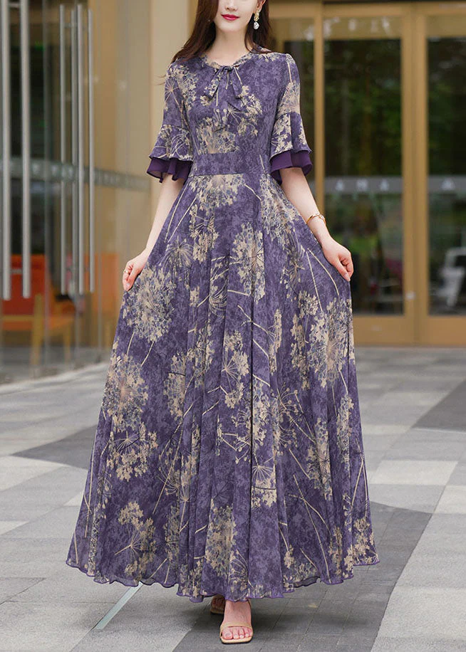 Natural Purple O-Neck Print Patchwork High Waist Chiffon Maxi Beach Dresses Half Sleeve - Image 3