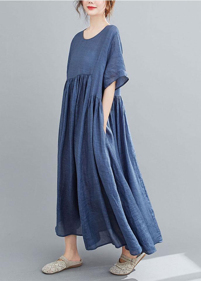Natural Purple Pockets Short Sleeve Robe Cotton Linen Dresses - Image 2