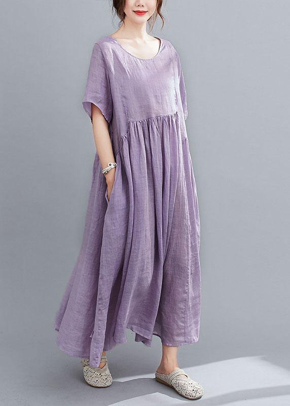 Natural Purple Pockets Short Sleeve Robe Cotton Linen Dresses - Image 4