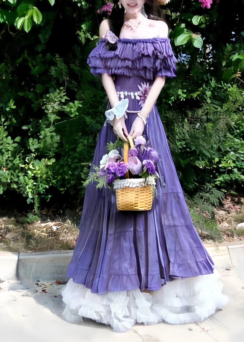 Natural Purple Slash Neck Ruffled Floral Holiday Maxi Dress Summer - Image 2