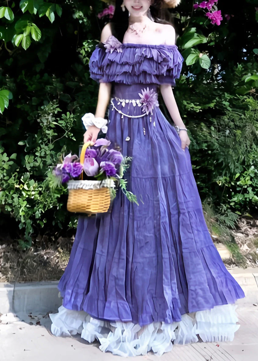 Natural Purple Slash Neck Ruffled Floral Holiday Maxi Dress Summer - Image 3