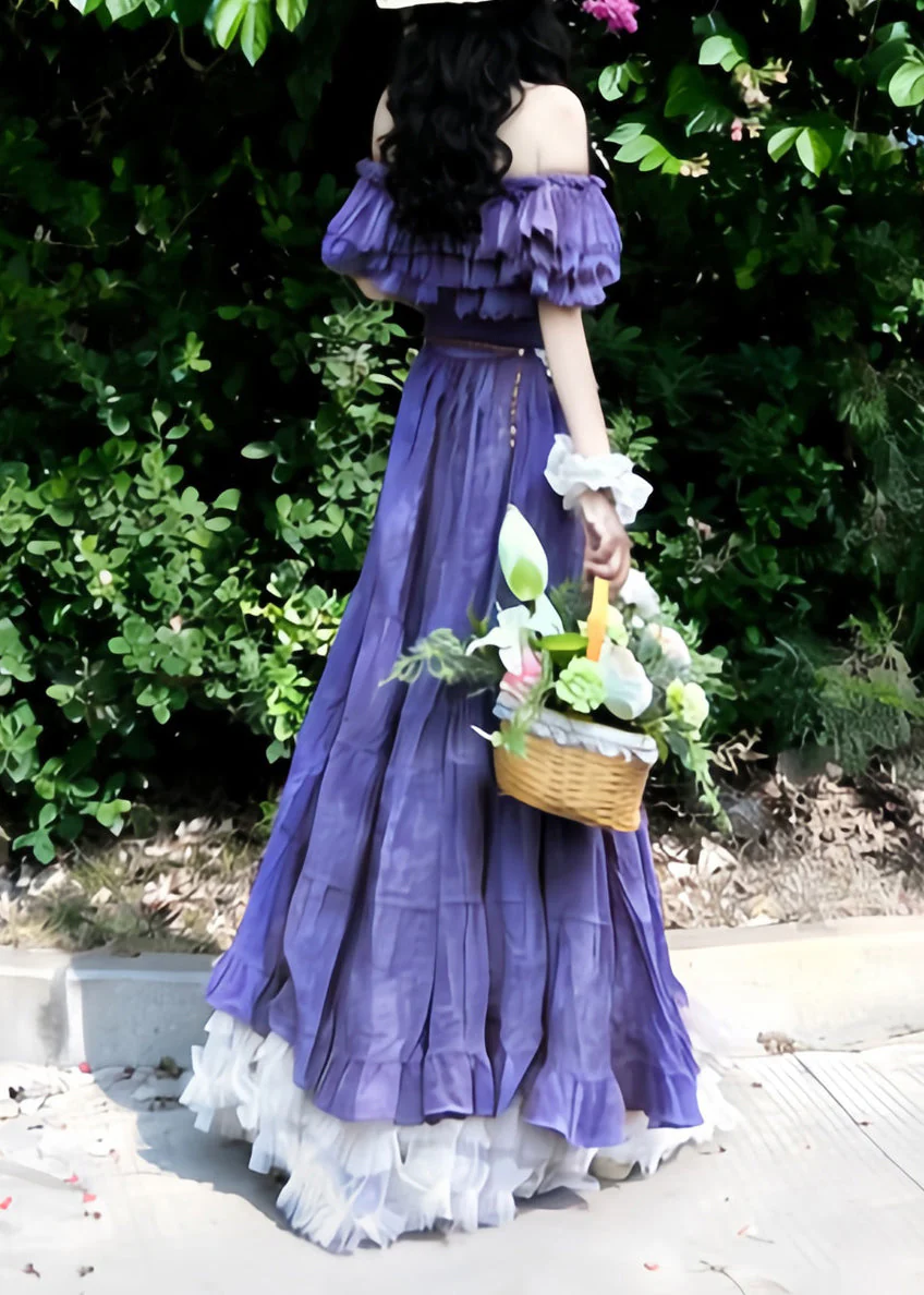 Natural Purple Slash Neck Ruffled Floral Holiday Maxi Dress Summer - Image 4