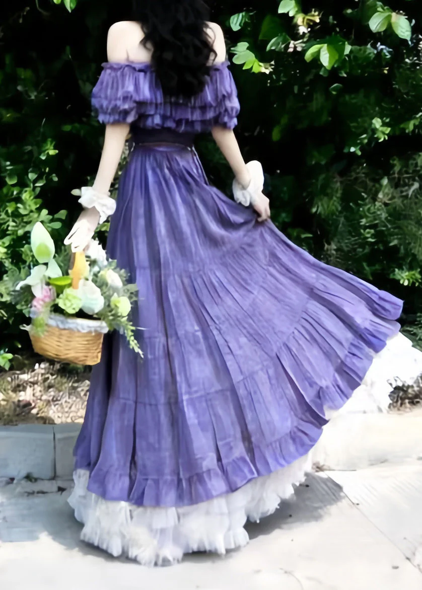 Natural Purple Slash Neck Ruffled Floral Holiday Maxi Dress Summer - Image 5