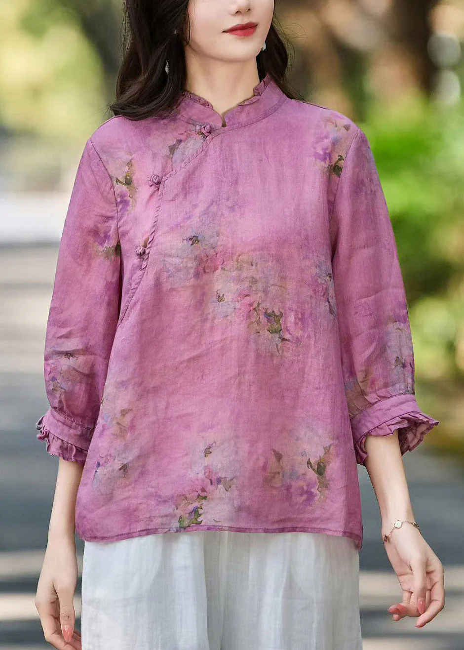 Natural Purple Stand Collar Ruffled Patchwork Linen Shirt Fall - Image 3