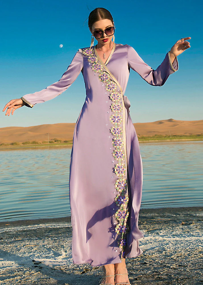 Natural Purple V Neck Patchwork Tie Waist Chiffon Maxi Dresses Long Sleeve - Image 3