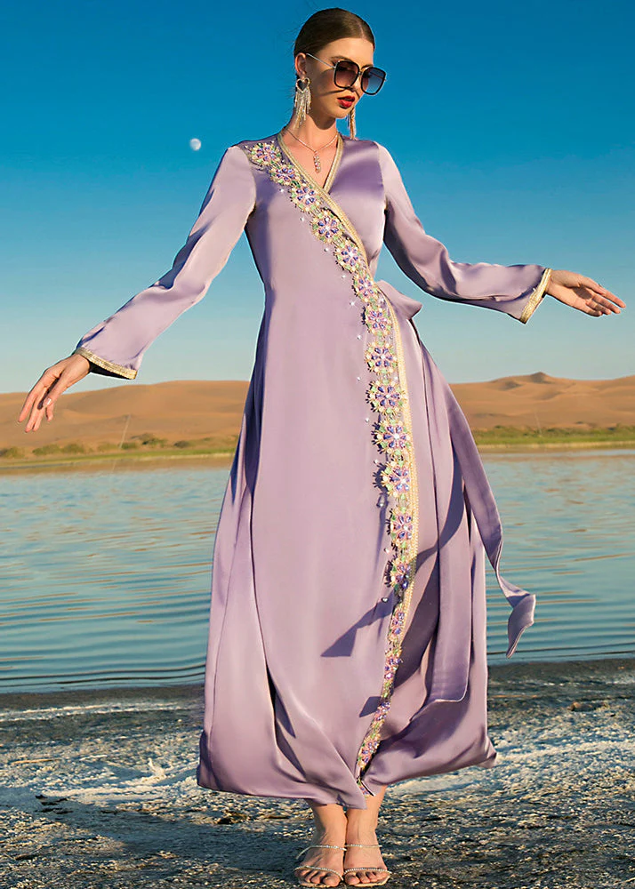 Natural Purple V Neck Patchwork Tie Waist Chiffon Maxi Dresses Long Sleeve - Image 4