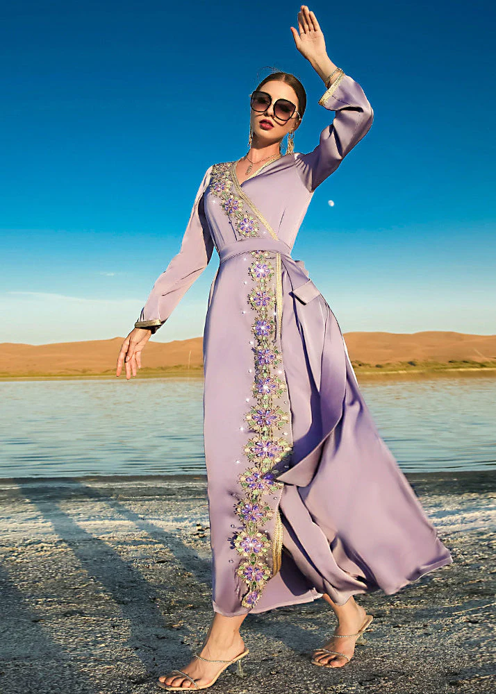 Natural Purple V Neck Patchwork Tie Waist Chiffon Maxi Dresses Long Sleeve - Image 5