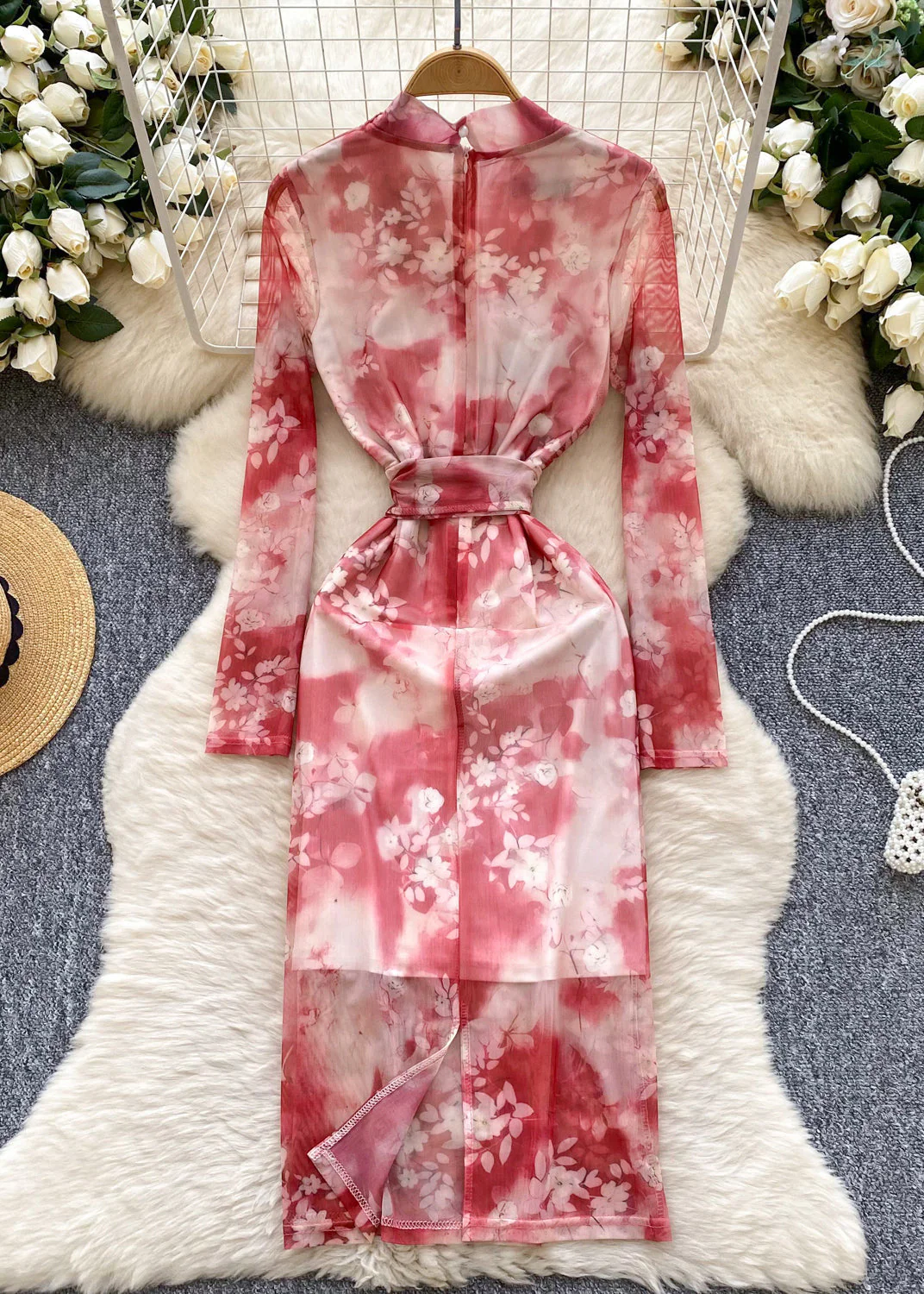 Natural Red Cinched Print Tulle Wraped Dress Spring - Image 3
