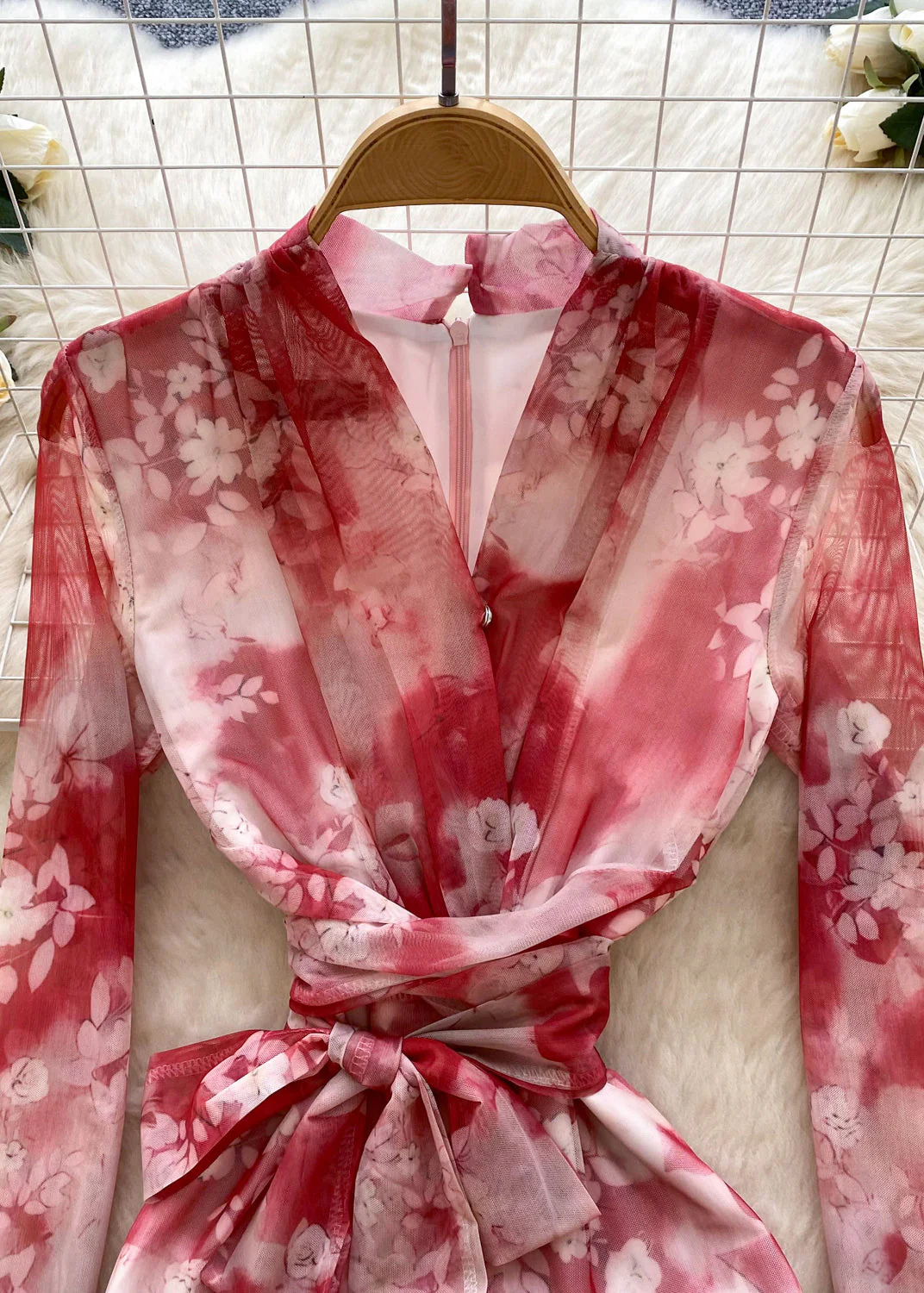Natural Red Cinched Print Tulle Wraped Dress Spring - Image 4