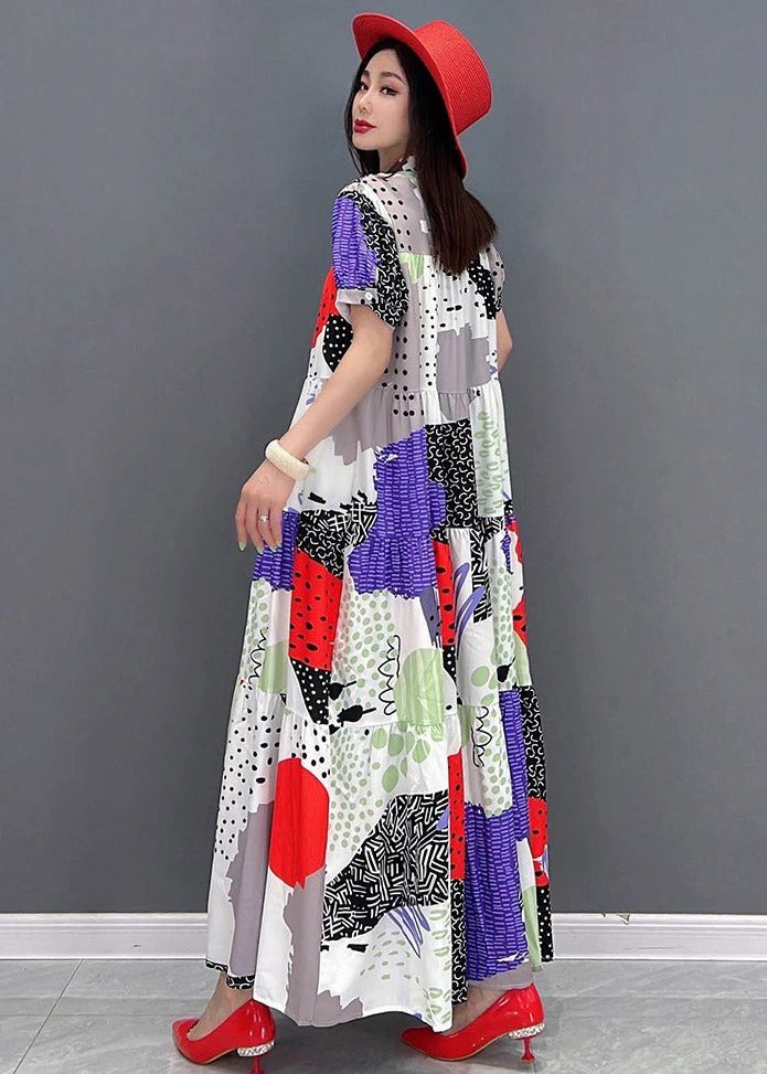 Natural Red O-Neck Print Chiffon Ankle Dress Short Sleeve - Image 3