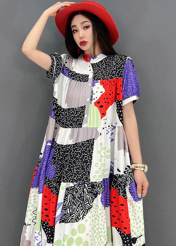 Natural Red O-Neck Print Chiffon Ankle Dress Short Sleeve - Image 4