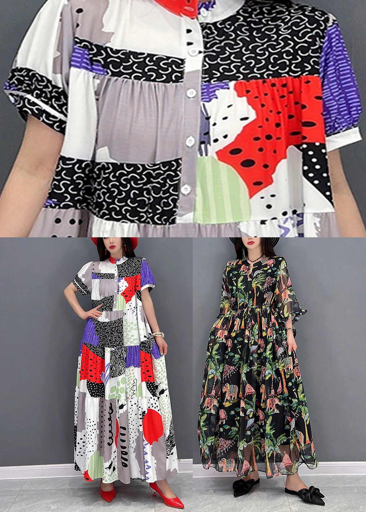 Natural Red O-Neck Print Chiffon Ankle Dress Short Sleeve - Image 5
