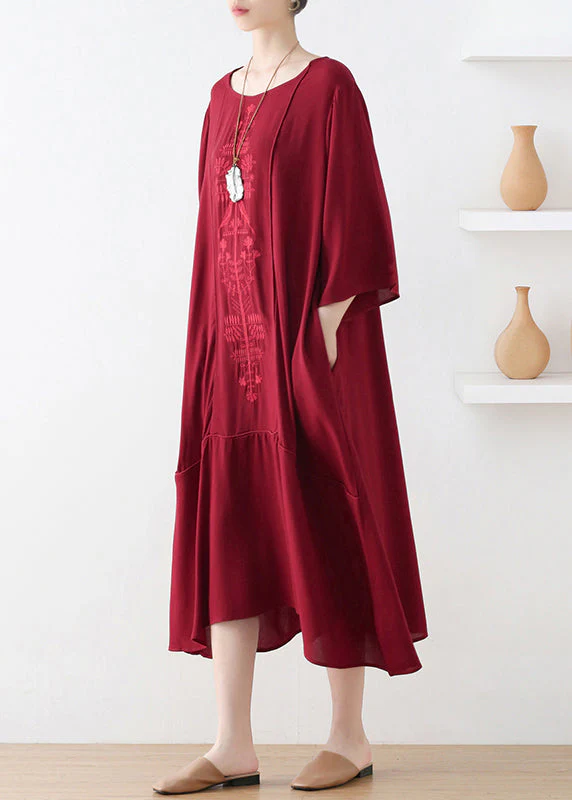 Natural Red O-Neck Print Draping Long Dress Fall - Image 2