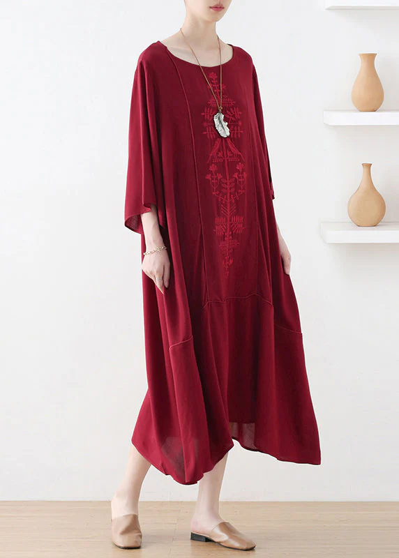 Natural Red O-Neck Print Draping Long Dress Fall - Image 3