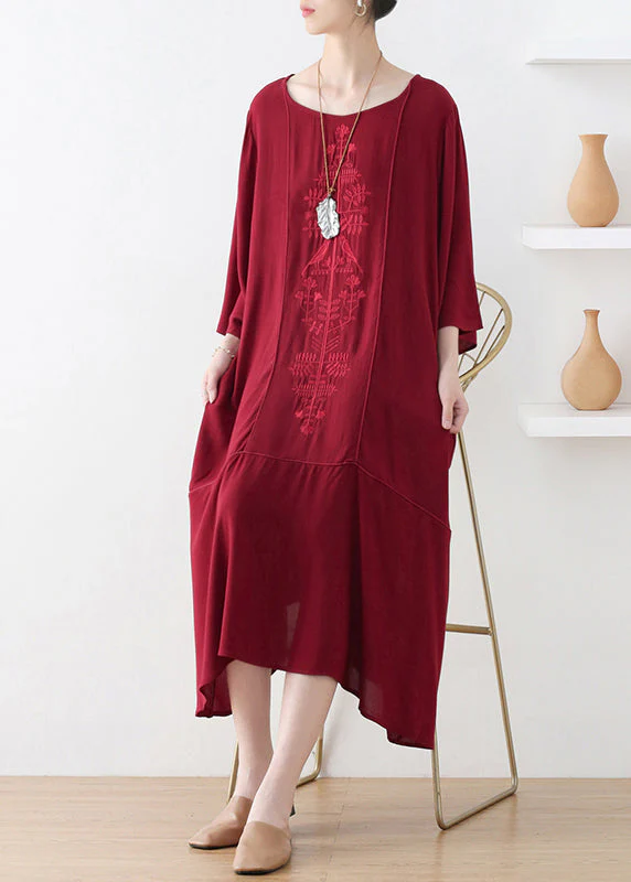 Natural Red O-Neck Print Draping Long Dress Fall - Image 4