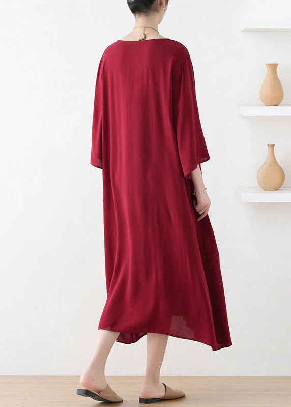 Natural Red O-Neck Print Draping Long Dress Fall - Image 5