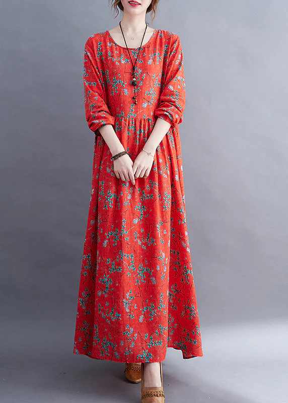 Natural Red O-Neck Print Maxi Dress Long Sleeve - Image 2