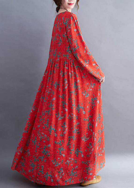 Natural Red O-Neck Print Maxi Dress Long Sleeve - Image 3