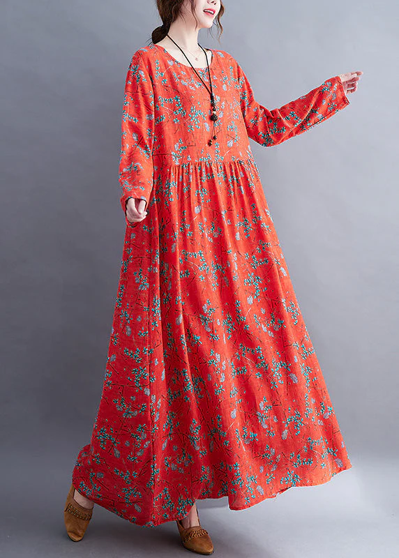 Natural Red O-Neck Print Maxi Dress Long Sleeve - Image 4
