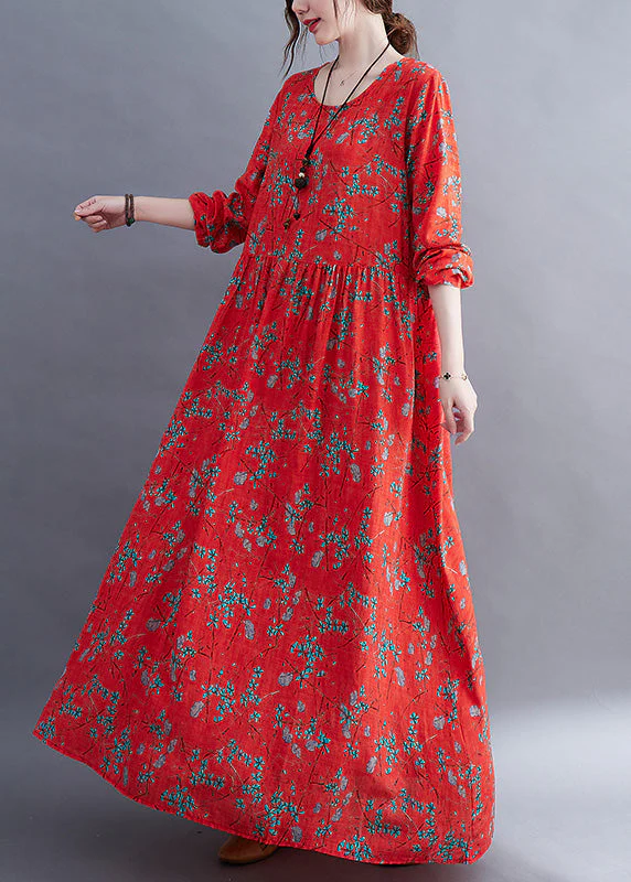 Natural Red O-Neck Print Maxi Dress Long Sleeve - Image 5