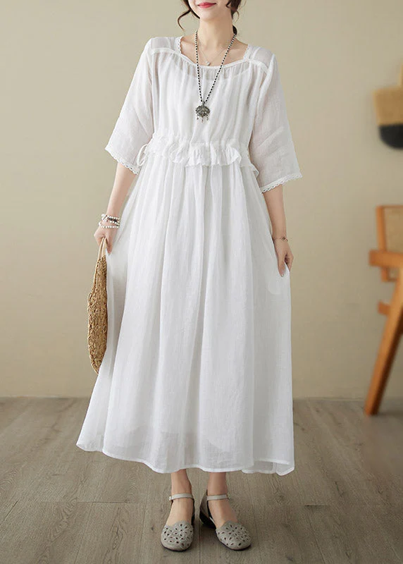 Natural Red O-Neck Ruffled Patchwork Tunic Chiffon Long Dress Short Sleeve - Image 2