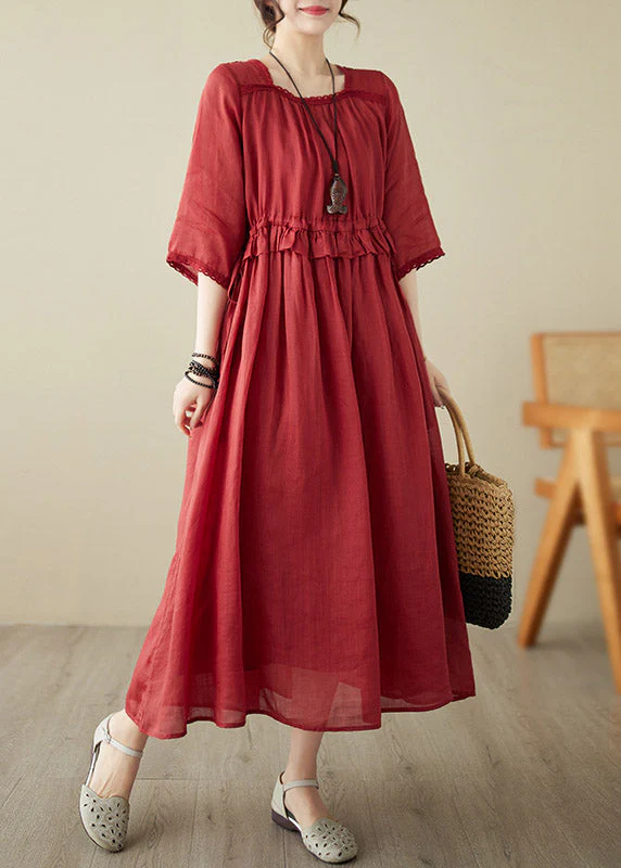 Natural Red O-Neck Ruffled Patchwork Tunic Chiffon Long Dress Short Sleeve - Image 3