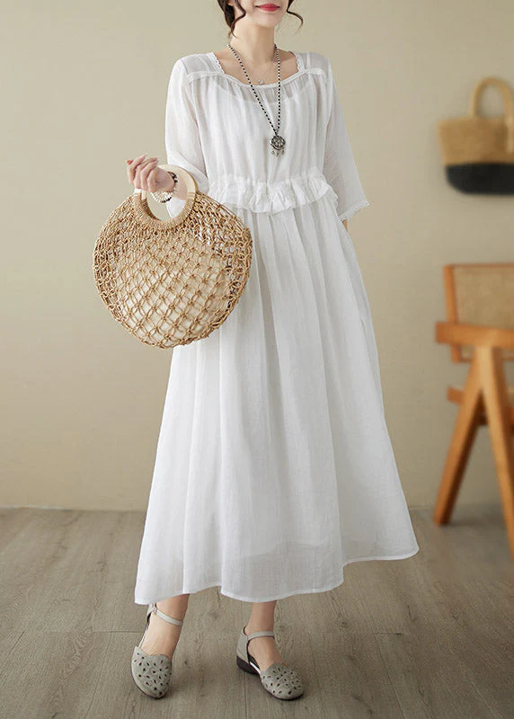 Natural Red O-Neck Ruffled Patchwork Tunic Chiffon Long Dress Short Sleeve - Image 4