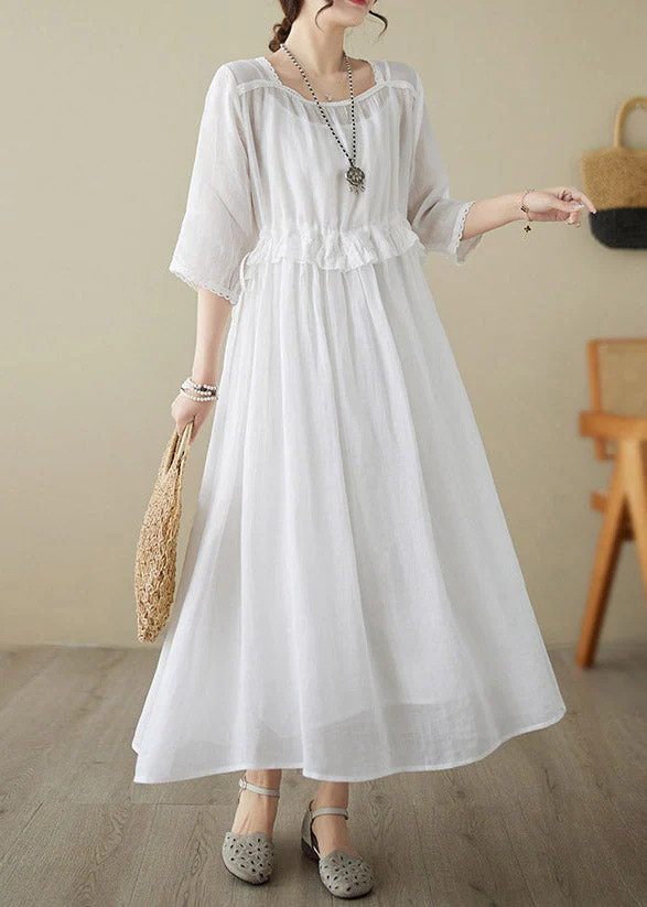Natural Red O-Neck Ruffled Patchwork Tunic Chiffon Long Dress Short Sleeve - Image 5