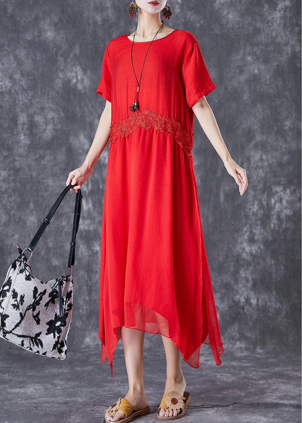 Natural Red Oversized Lace Patchwork Cotton Vacation Dresses Summer - Image 2